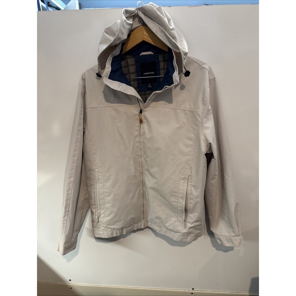 Men's London Fog Jacket M . Ivory With blue Collar. Front Zipper. 5 Pockets
